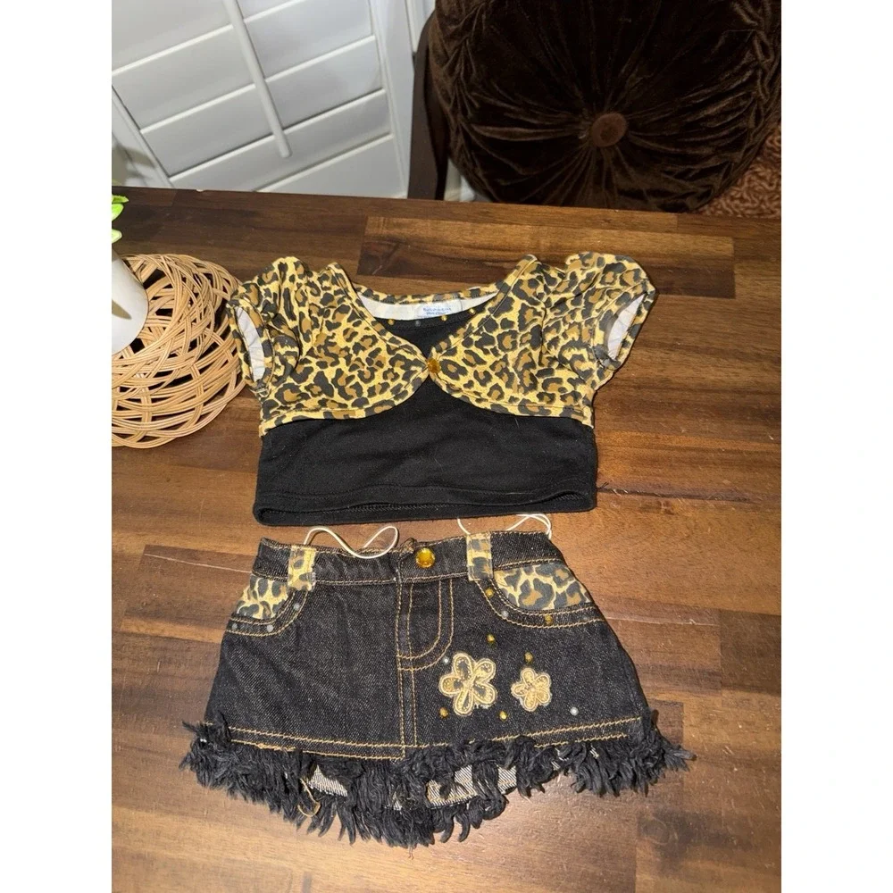 Build A Bear Leopard Cheetah Print Rhinestone‎ Denim Skirt Shirt Outfit y2k